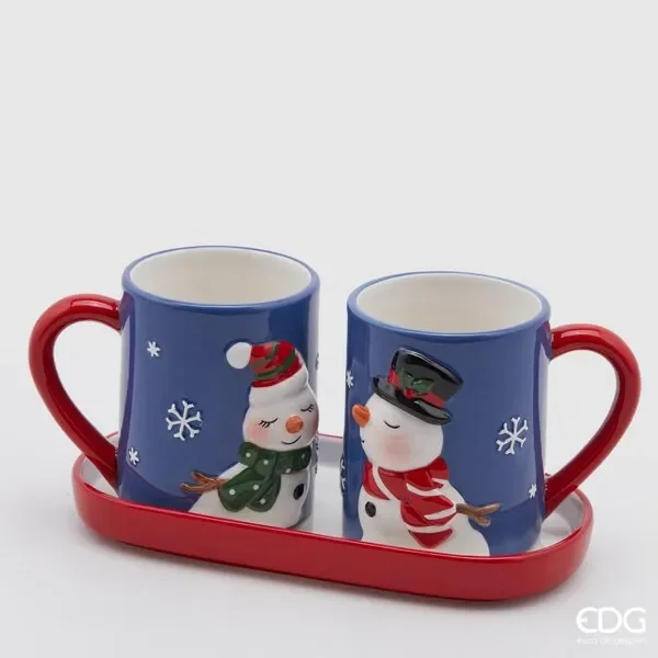EDG Enzo De Gasperi Set Natale 2 Tazze Bacio con Vassoio 25 x 12 Cm H 12 Cm White Blue