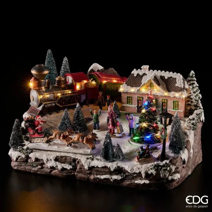EDG Enzo De Gasperi Stazione Treno con Led Natale H 24 Cm 38 x 27 Cm Multicolor