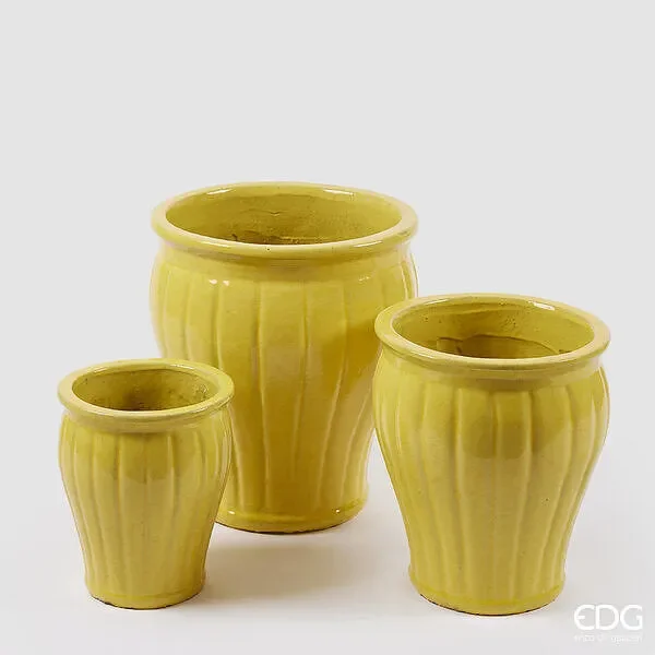 EDG Enzo De Gasperi Vaso Glaze Svasato a Righe Set 3 Pz H 40 Cm H 33 Cm H 25,50 Cm Giallo