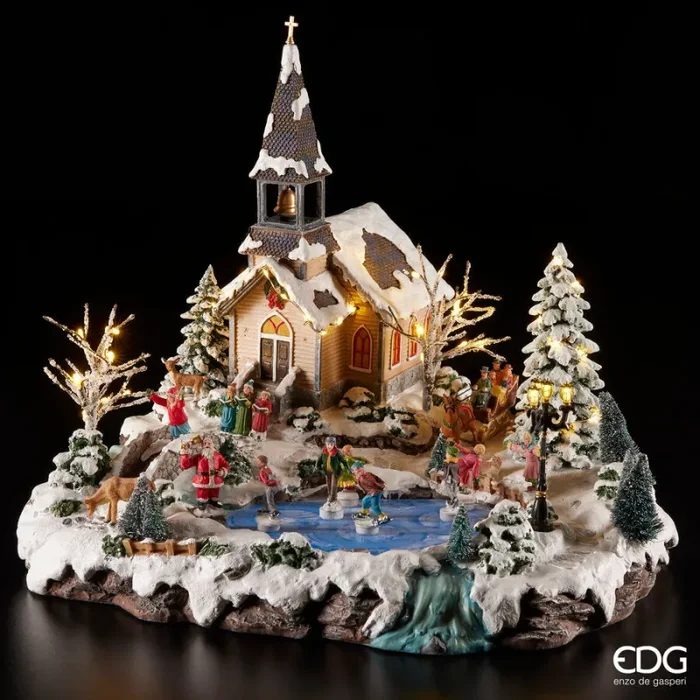 EDG Enzo De Gasperi Villaggio Natale con Chiesa H 41 Cm 45 x 21 Cm Led Multicolor