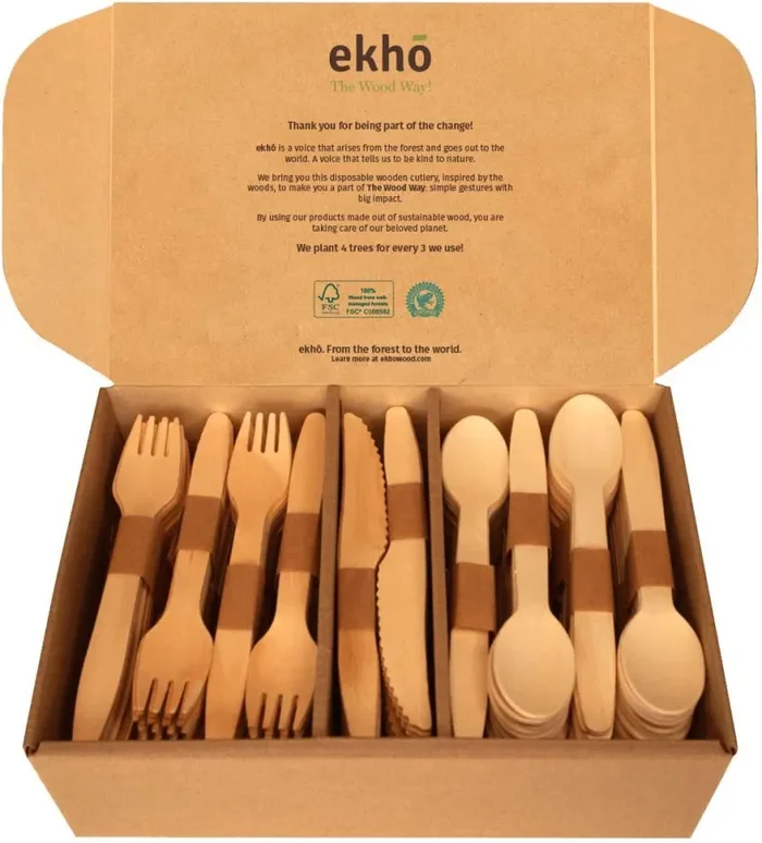 ekhõ The Wood Way! – Set da 100 Posate in Legno Monouso Sostenibile | 40 Forchette + 40 Cucchiai + 20 Coltelli | Posate da Campeggio Barbecue o Festa Ecologico Biodegradabili e Compostabile - immagine 2