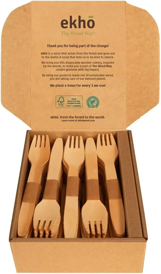 ekhõ The Wood Way! – Set da 100 Posate in Legno Monouso Sostenibile | 40 Forchette + 40 Cucchiai + 20 Coltelli | Posate da Campeggio Barbecue o Festa Ecologico Biodegradabili e Compostabile - immagine 3