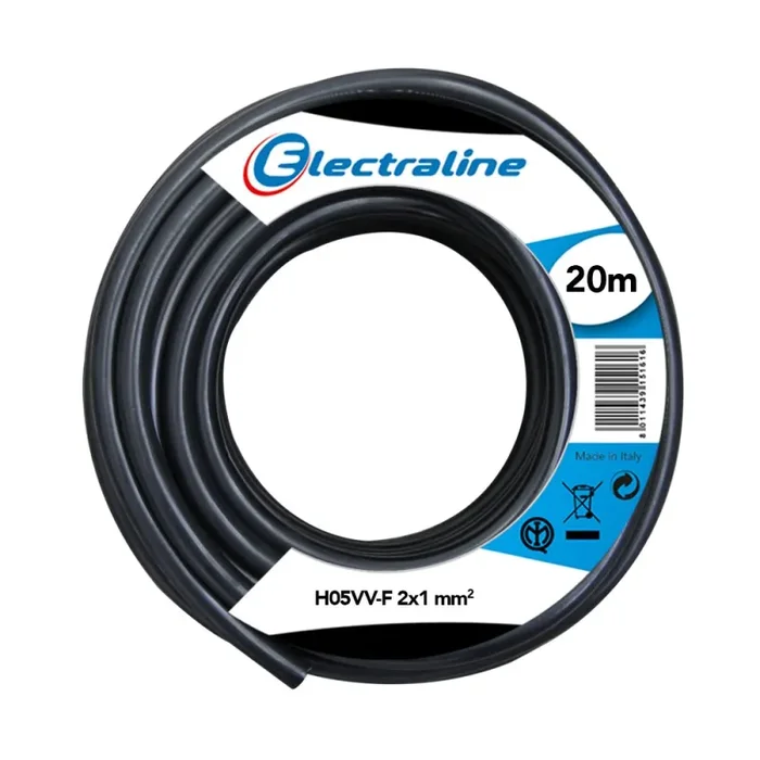 Electraline 11405 H05VV-F Cavo per Prolunghe, Sezione 2×1 mm, 20 M, Nero