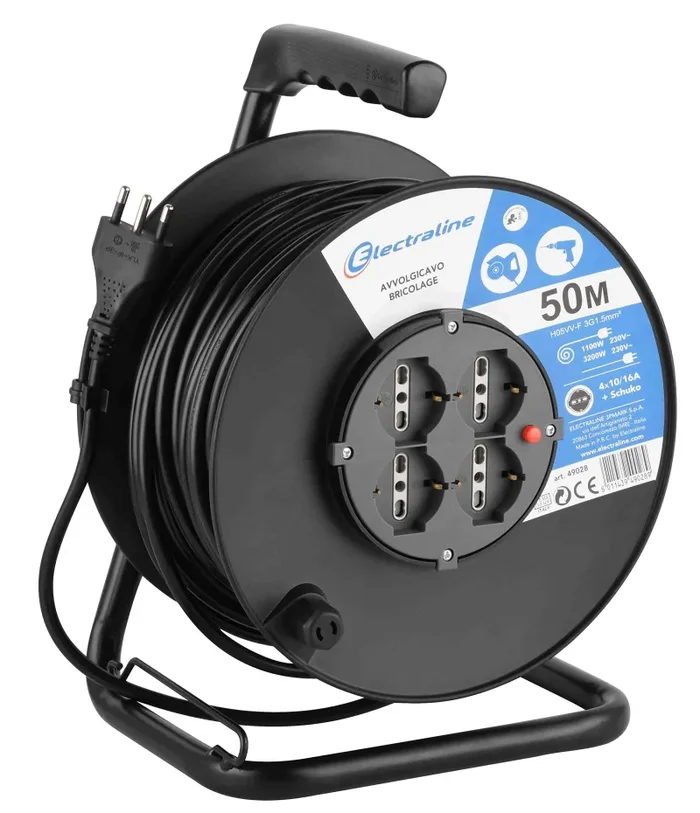 Electraline 49028 Prolunga elettrica con avvolgicavo, 50 50 metri, Nero/Blu