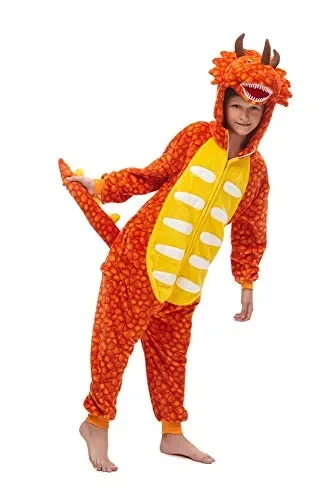 emmarcon Kigurumi Pigiami Animali da 120/altezza 115-125, Dinosauro Arancione