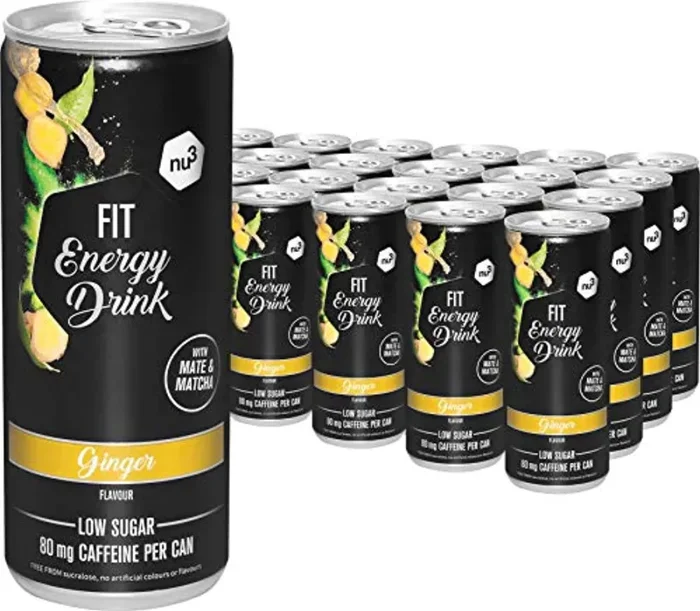 Energy Drink Ginger 24x 250ml – 80mg caffeina da mate e matcha – Gusto naturale di zenzero e limone – Senza aromi artificiali – Solo l’1% di zucchero per lattina nu3