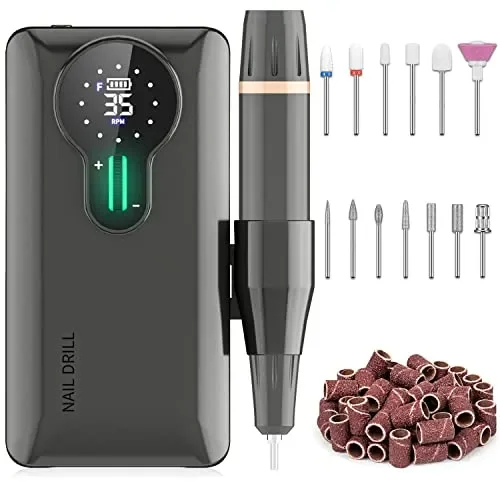 ENGERWALL Fresa per Unghie Professionale Ricaricabile Portatile, 35000 RPM Schermo LCD Elettrica per Unghie Kit con 13 Testine Iucidanti e 56 Nastri Abrasivi per Casa e Salone Manicure, Argento Scuro