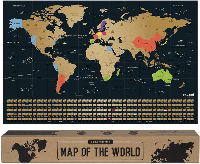 envami Mappa del Mondo da Grattare – 68 X 43 CM – Idee Regalo – mappamondo da grattare con Bandiere – Scratch off Map – Mappa da grattare – Cartina Mondo da grattare – Oro Inglese