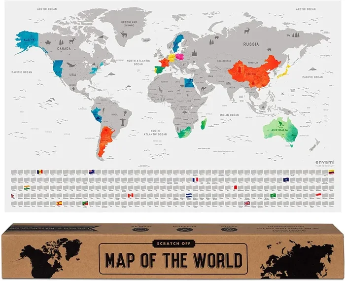 envami Mappa del Mondo da Grattare – 68 X 43 CM – Idee Regalo – mappamondo da grattare con Bandiere – Scratch off Map – Mappa da grattare – Cartina Mondo da grattare – Oro Inglese - immagine 2