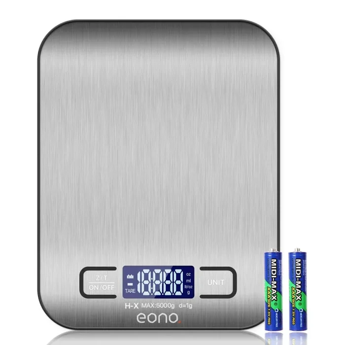 Eono by Amazon – Bilancia digitale da cucina, in acciaio inossidabile, pesa in grammi e once, 5 kg / 1 g, garanzia 15 anni 5KG/1g