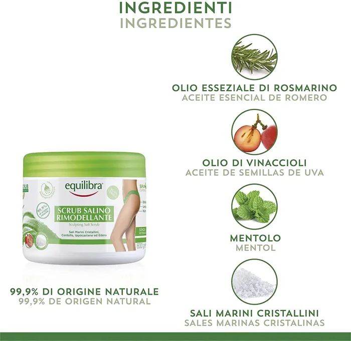 Equilibra Corpo, Scrub Salino Rimodellante, Scrub Corpo Esfoliante a Base di Aloe Vera, Leviga e Nutre la Pelle, Mix di Sali Marini ad Azione Antiacqua, Oli Naturali ed Estratti Vegetali, 600 g 600 ml Scrub Rimodellante - immagine 3