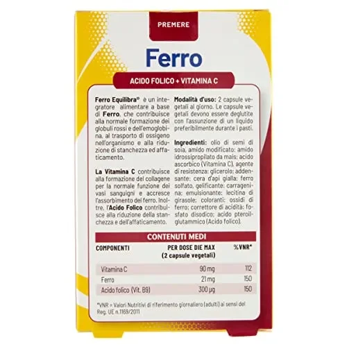 Equilibra Integratori Alimentari, Ferro con Acido Folico + Vitamina C, Integratore a Base di Ferro, per la Normale Funzione dei Glubuli Rossi e dell’Emoglobina, 60 Capsule Vegetali - immagine 3