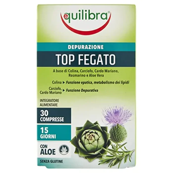 Equilibra Integratori Alimentari, Top Fegato, Integratore Depurativo Fegato, per la Normale Funzione Epatica, Con Aloe Vera, Cardo Mariano, Colina, Carciofo, Rosmarino, Senza Glutine, 30 Compresse