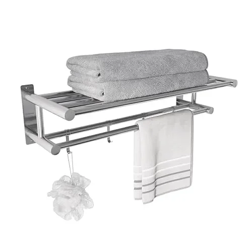 Eridanus Porta Asciugamani Bagno, Portasciugamani da Parete con Mensole Doppia in Accaio Inox SUS304, Mensola Portasciugamani con Ganci, Lucido, Scaffale Barre, Stile Hotel – 60 x 22,5 x 16 cm
