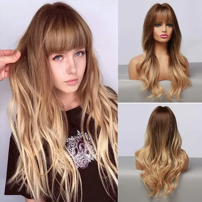 Esmee Parruca Ombre Marrone Gradiente Dorato da donna da 24 pollici,parrucca sintetica resistente al calore a ricci lunghi naturali da donna