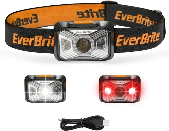 EverBrite Lampada Frontale LED, Torcia Frontale USB Ricaricabile, Lampade da Testa con 4 Modalità e 200 Lumen, 180° Angoli di Luce Regolabili, Adatto per Campeggio, Corsa, Pesca, Ciclismo