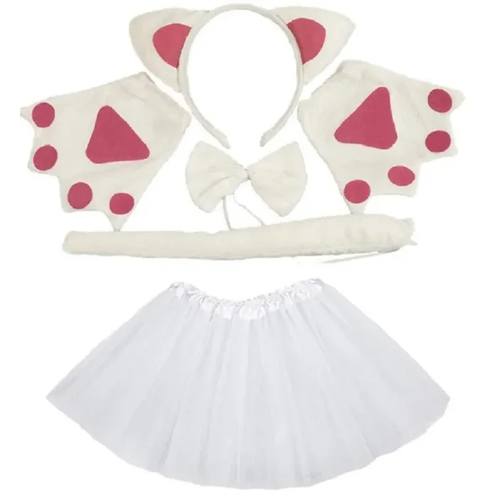 EVRYLON Set Costume Gatta Gattina Bianca Bambina Cerchietto tutù Guanti…
