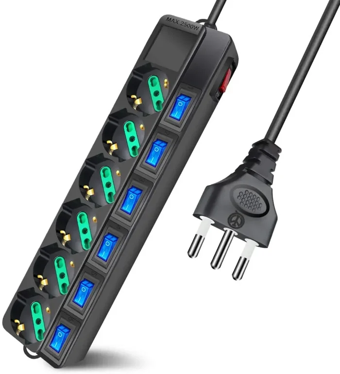 Extrastar Multipresa ciabatta elettrica 6 Posti 10/16A Bipasso Schuko 250V Max:2500W con interruttori indipendenti 1,5MT(Nero)