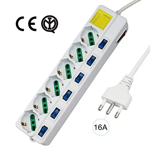 Extrastar Multipresa ciabatta elettrica 6 Posti 10/16A Bipasso Schuko 250V Max:2500W con interruttori indipendenti 1,5MT