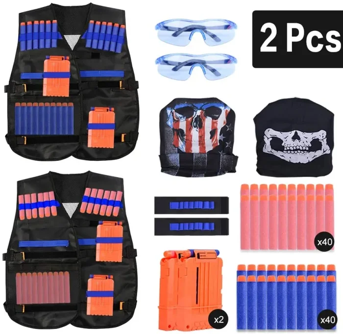 EXTSUD Gilet Tattico per Nerf Bambini 2 Set Giubbotti Tattici Accessori per Nerf N-Strike Serie Elite Giocattoli Bambini Include Giubbotti Caricatori Polsini Maschera da Viso Occhiali Protettivi Dardi