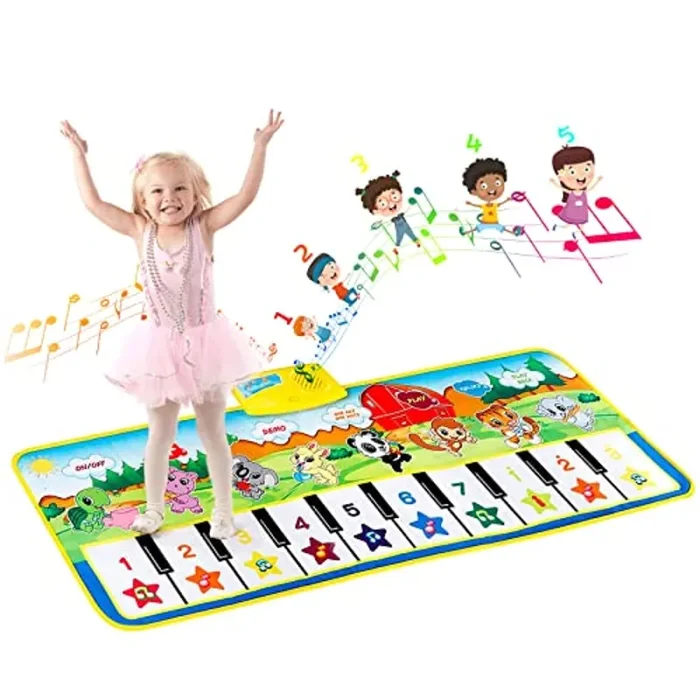EXTSUD Tappeto Musicale Bambini con 18 Suoni, Piano Mat con 8 Suoni Strumenti Violino Corno Flauto ecc e 10 Pianoforte Volume Regolabile, Tappetino Musica Gioco per Bambina Educazione 100x36cm