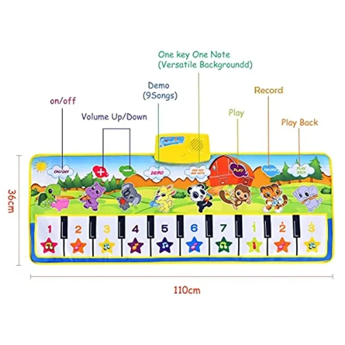 EXTSUD Tappeto Musicale Bambini con 18 Suoni, Piano Mat con 8 Suoni Strumenti Violino Corno Flauto ecc e 10 Pianoforte Volume Regolabile, Tappetino Musica Gioco per Bambina Educazione 100x36cm - immagine 2