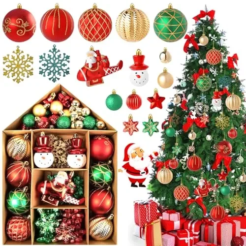 FAMKEEP Palline di Natale 70pz Palline Natalizie Decorazioni Albero di Natale Palla Palline decorative Rosso e Verde, Diverse Forme Plastica decorazioni per albero di Natale Addobbi Feste Nozze