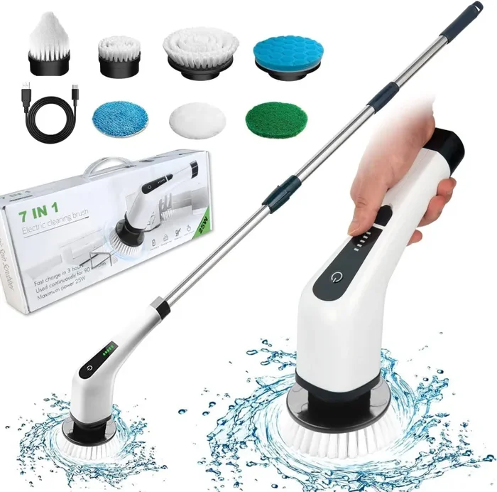 FARI Electric Spin Scrubber, Spazzola Rotante per Pulizia Elettrica a Batteria con 7 Teste per Bagno, Cucina, Piastrelle, Vasca e Pavimenti