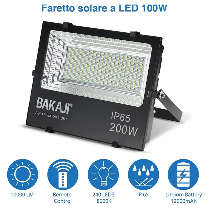 Faro LED 200W Pannello Solare Luce Esterno Alta Luminosita 2000 lm + Telecomando Fornitura - immagine 2