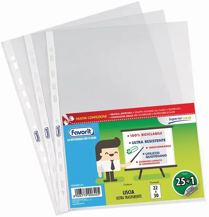 Favorit Buste Perforate, Lucide, Medio Spessore, 22 x 30 cm, 25 Pezzi +1 Omaggio, Trasparenti