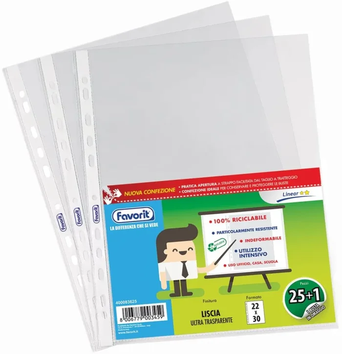 Favorit Buste Perforate, Lucide, Medio Spessore, 22 x 30 cm, 25 Pezzi +1 Omaggio, Trasparenti - immagine 2