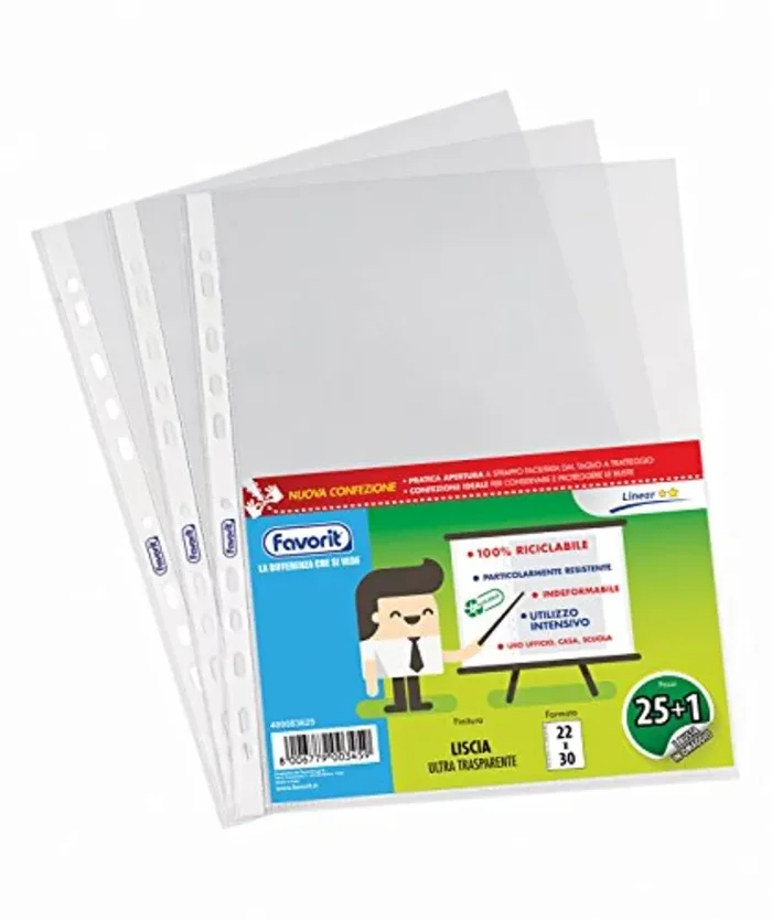 Favorit Buste Perforate, Lucide, Medio Spessore, 22 x 30 cm, 25 Pezzi +1 Omaggio, Trasparenti - immagine 3