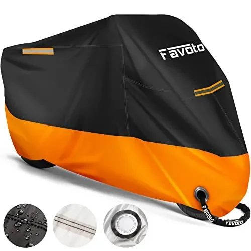 Favoto Telo Coprimoto 210D Teli per Moto Scooter Impermeabile Resistente ad Acqua/Polvere/Pioggia/Vento/Foglie, Copertura Motociclo, 295x105x125cm (Nero Arancione)