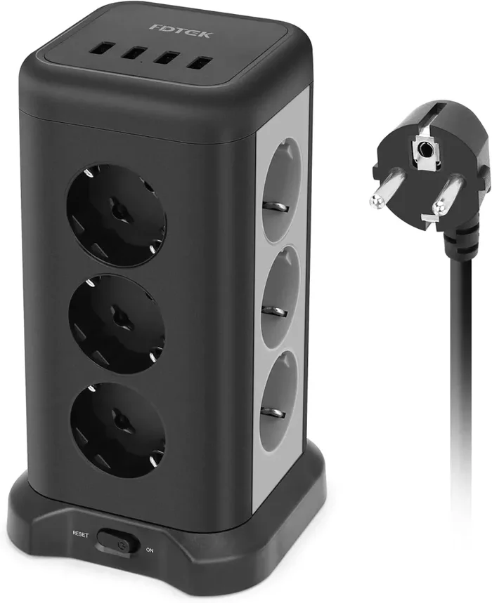 FDTEK Multipresa Verticale，Ciabatta Multipresa Con 12 Prese e 4 Porte USB， Torretta Multipresa Elettrica Con Protezione da Sovraccarico，Cavo da 2 m，Adatto per casa e ufficio，4000W / 16A