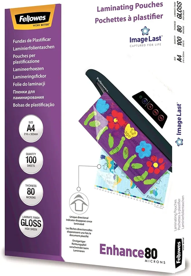 Fellowes 5306114 Pouches Di Plastificazione per Documenti, Formato A4, 80 Micron, Confezione da 100 Pezzi