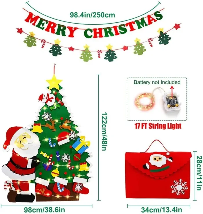 Feltro Albero Natale 4ft,Albero di Natale 5metri luci a LED,42PCS Ornamenti Staccabili Bambini DIY Natale Albero Regali Decorazione Parete Portello - immagine 2