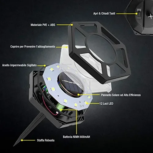 Fenvella Luci Giardino 12 LEDs, Solari per IP67 4 Pezzi - immagine 2