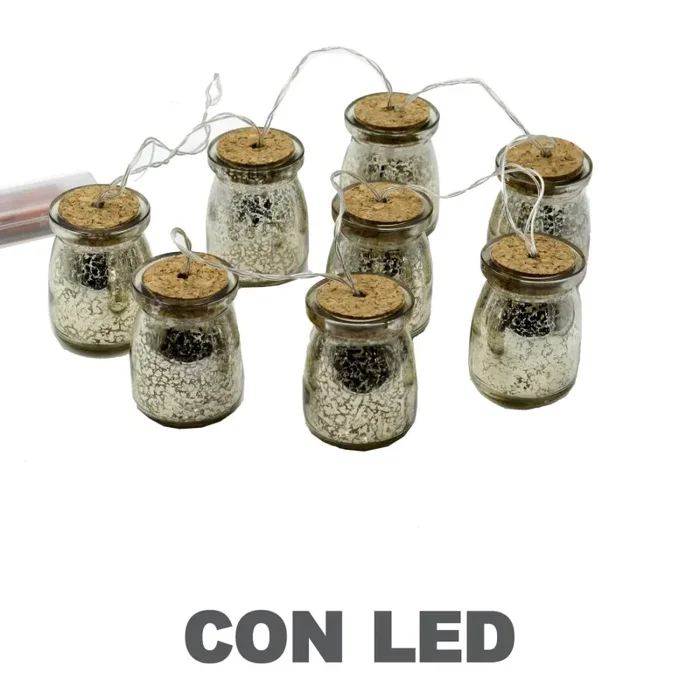 Festone bottiglie filo 8 pezzi vetro platino con led 200cm