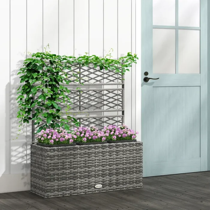 Fioriera con Grigliato per Rampicanti con 3 Vasi 84x30x107 cm in Acciaio e Rattan PE Grigio - immagine 2
