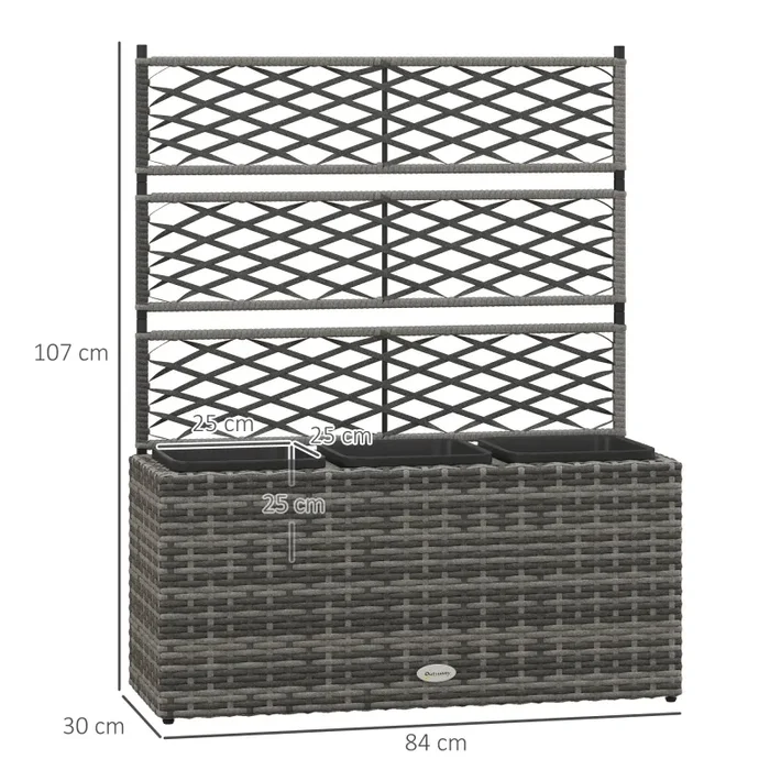 Fioriera con Grigliato per Rampicanti con 3 Vasi 84x30x107 cm in Acciaio e Rattan PE Grigio - immagine 3