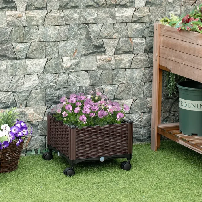 Fioriera da Esteno con Ruote e Disco Auto Irrigante 40x40x31,5 cm in Plastica Marrone Online - immagine 2