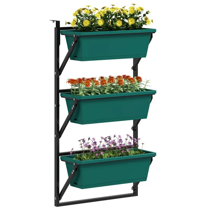 Fioriera da Esterno Verticale 56x42x100 cm 3 Vasi con Fori di Drenaggio in Plastica Verde