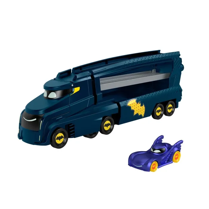 Fisher-Price DC Batwheels – Bat-Autotreno, playset Autotreno con rampa e veicolo Bam Batmobile in scala 1:55 incluso, può contenere 7 macchinine die-cast, giocattolo per bambini, 3+ anni, HMX07