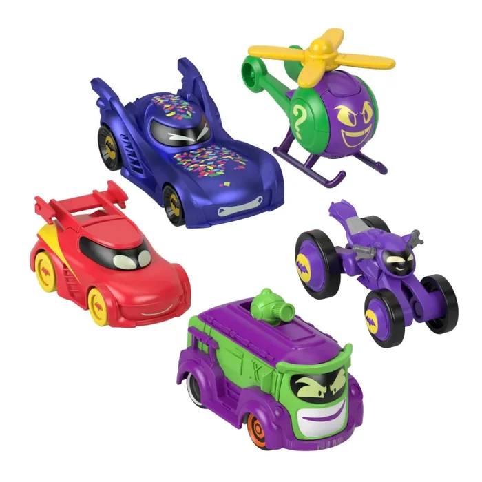 Fisher-Price DC Batwheels – Set da 5 Macchinine in Scala 1:55 Die-Cast Batcast Metal, Include Bam la Batmobile, Redbird, Prank, Bibi e Quizz, Giocattolo per Bambini, 3+ Anni, HML21