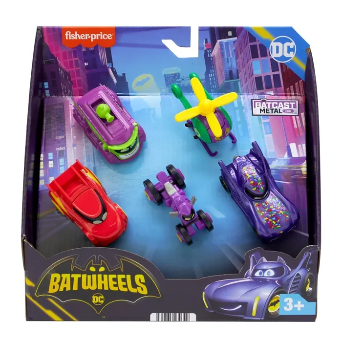 Fisher-Price DC Batwheels – Set da 5 Macchinine in Scala 1:55 Die-Cast Batcast Metal, Include Bam la Batmobile, Redbird, Prank, Bibi e Quizz, Giocattolo per Bambini, 3+ Anni, HML21 - immagine 2