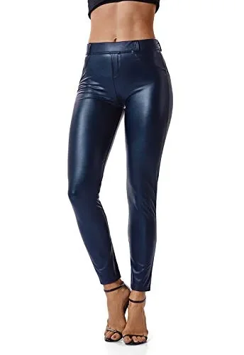 FITTOO Leggings in Pelle da Donna Pantaloni Ecopelle Collant M, Blu Scuro