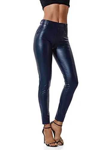 FITTOO Leggings in Pelle da Donna Pantaloni Ecopelle Collant M, Blu Scuro - immagine 2