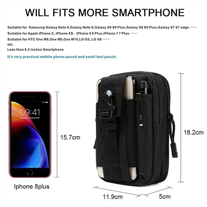 flintronic Tattico Marsupi, 1000D Nylo Marsupio Sportivo, Cintura Molle Marsupio Tattico, Tattica Militare Borsello per Campeggio Piccolo Strumento All’aperto Mobile Telefono(Con “D”Moschettone) - immagine 2