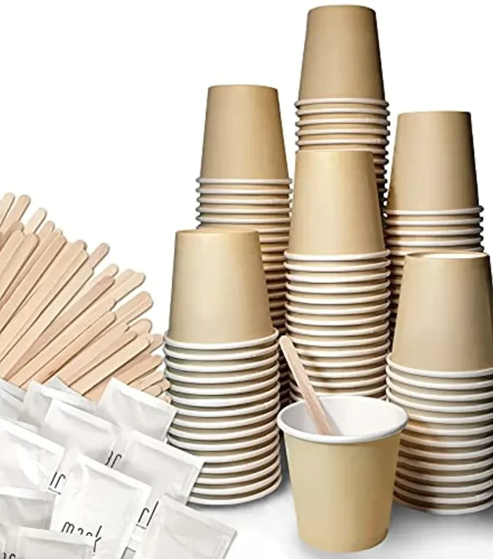 FMC SOLUTIONS Eco Kit Accessori da caffè e Tea – 150 Zucchero in Bustine, 150 Palette in Legno, 150 Bicchierini Monouso Caffe in Carta