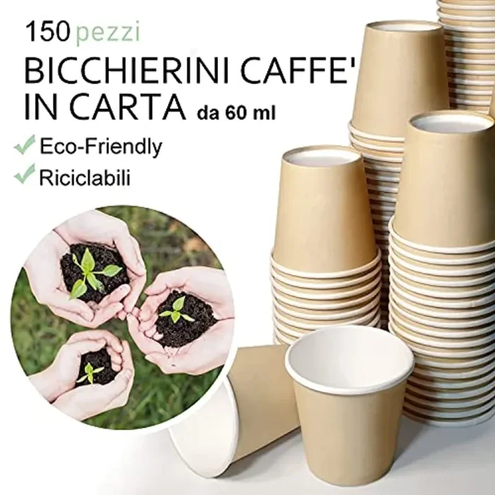 FMC SOLUTIONS Eco Kit Accessori da caffè e Tea – 150 Zucchero in Bustine, 150 Palette in Legno, 150 Bicchierini Monouso Caffe in Carta - immagine 2